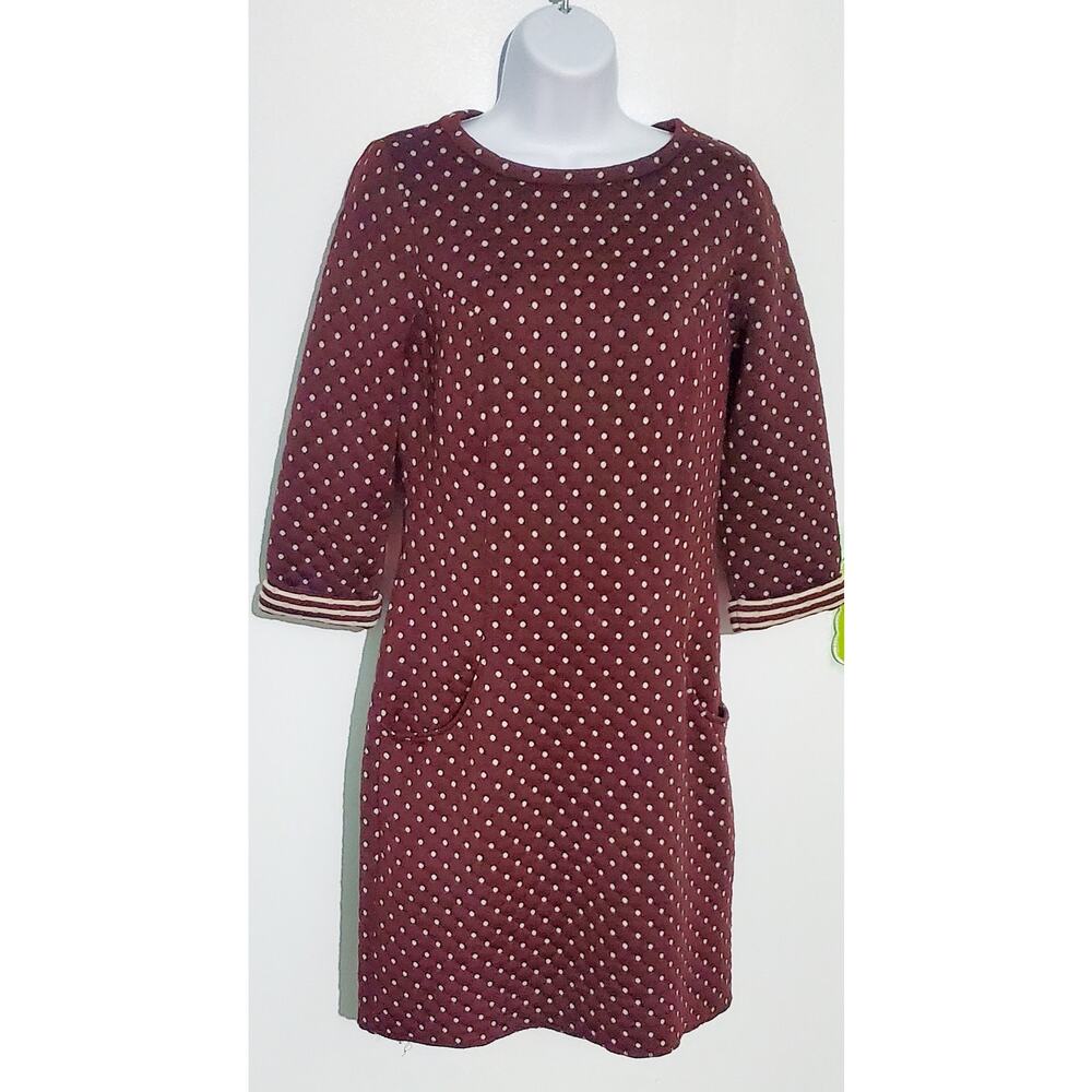 😺 Boden Womens Quilted 3/4 Sleeve Maroon Polka Dot Dress Size 4 Preppy Cozy